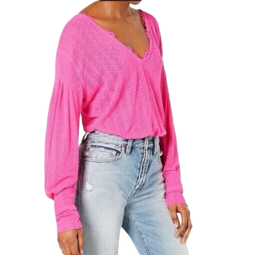 Free People Dream Girl V-Neck Bishop-Sleeve Top Fuchsia Women’s Size Large